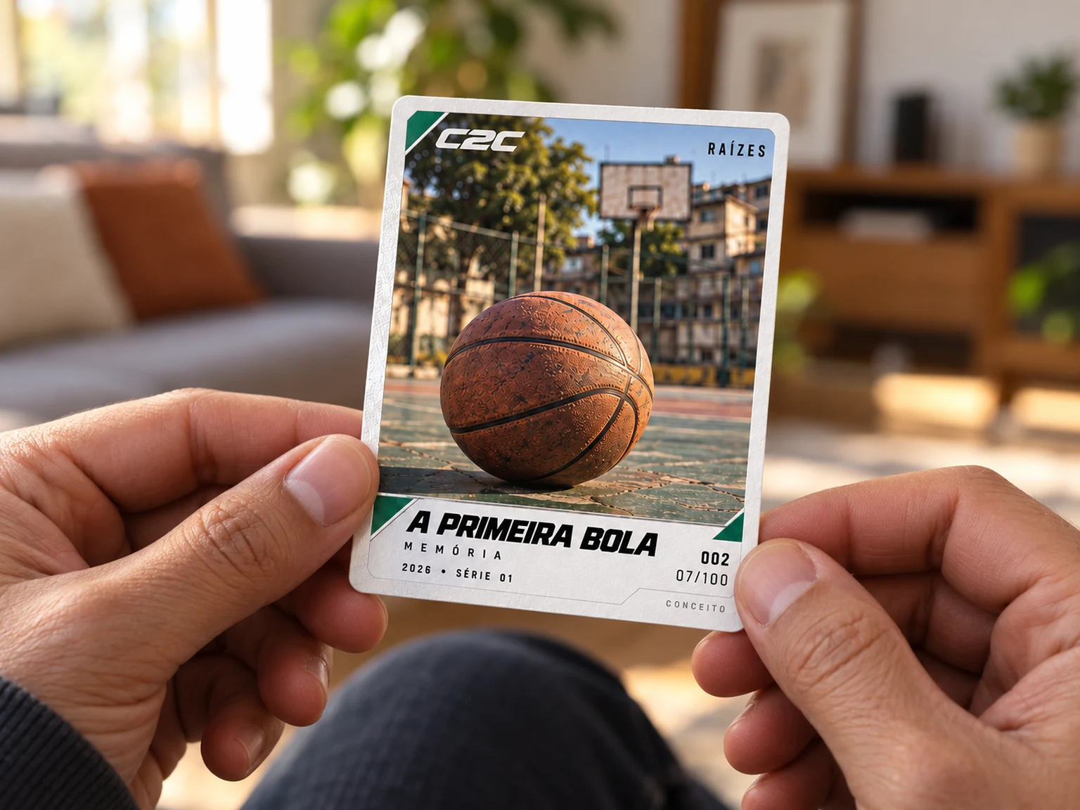Mãos segurando o card A Primeira Bola do conceito Raízes, com bordas e fotografia visíveis